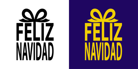 Tiempo de Navidad. Logo con texto en espa&ntilde;ol Feliz Navidad con forma de caja de regalo con lazo de cinta