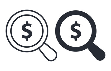 magnifying glass dollar icons set, flat minimal vector illustration