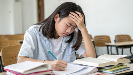 Student studies in classroom, feeling stressed while writing notes and reviewing textbook in the afternoon