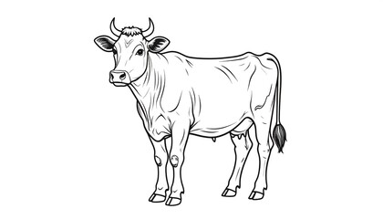 Fototapeta premium Detailed line art illustration of a cow standing against a stark white background in a vector style