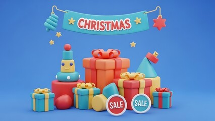 Naklejka premium A festive christmas shopping scene with gifts, decorations, and a prominent sale banner