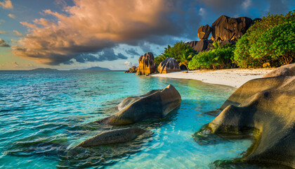 Crystal Clear Turquoise Sea and Granite Boulders on a Tropical Island Beach at Sunset.