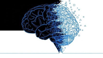 Dualistic brain representation showcasing human cognition and technological network