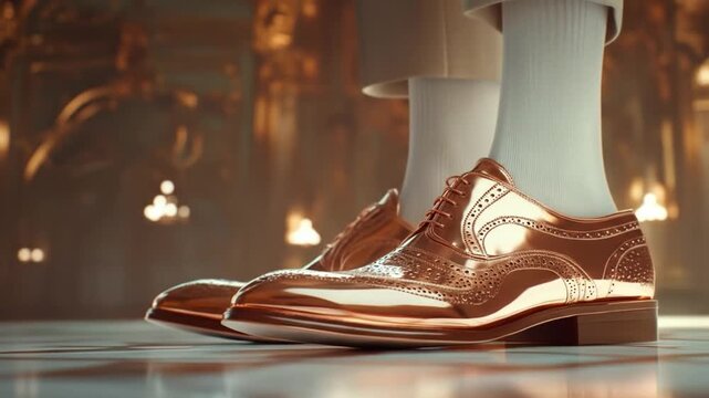 Pair of glossy rose-gold brogues with white socks on a reflective floor in a grand setting
