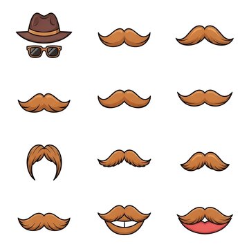 A cartoon illustration of various brown mustaches and beards with a hat and sunglasses on a white background.