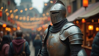 Naklejka premium Man in medieval armor stands in historical reenactment. Knight in full armor with helmet. People walk around in blurred background. Scene set in street with lanterns. Medieval festival market event.