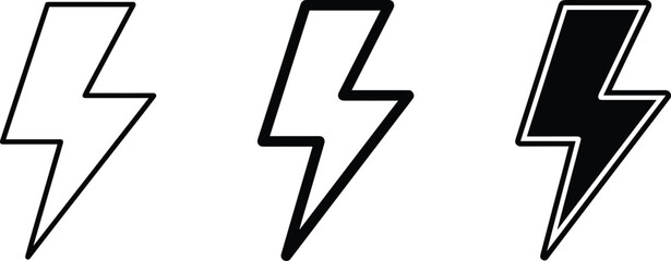 Lightning bolt icon set, energy symbol, black white design, power graphic, electricity flash, minimal style, UI interface element