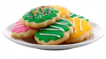 Colorful sugar cookies with green, yellow, and pink icing, decorated with sprinkles and white drizzle, arranged on white plate, evoke cheerful and festive mood