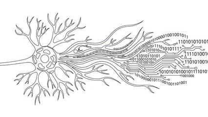 Binary code and neural connection illustration representing technological advancements and