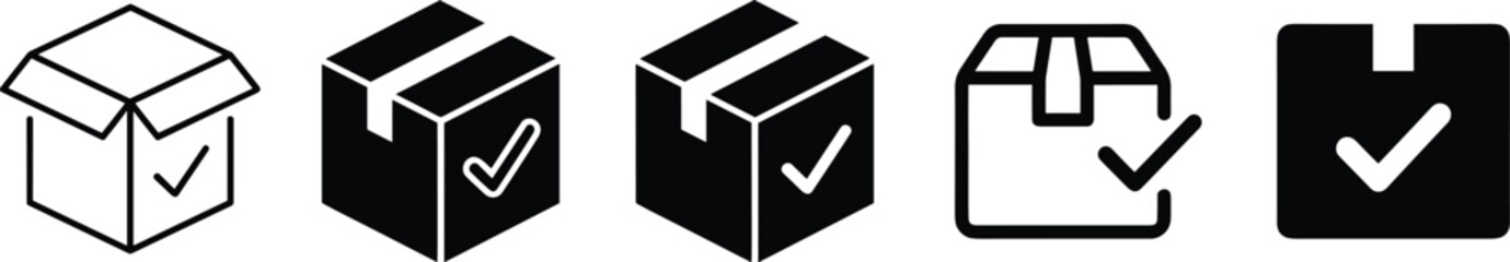 Box checkmark icon set, delivery confirmation symbols, packaging graphic, shipping status design, black parcel icons, minimal style, UI element © S.P
