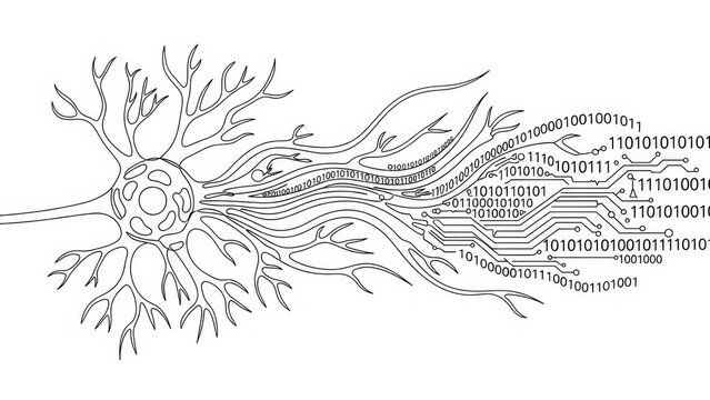 Binary code and neural connection illustration representing technological advancements and - Powered by Adobe