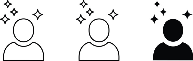 Sparkle person icon set, creativity brilliance symbol, black white design, standout individual graphic, UI element, minimal style, inspiration badge