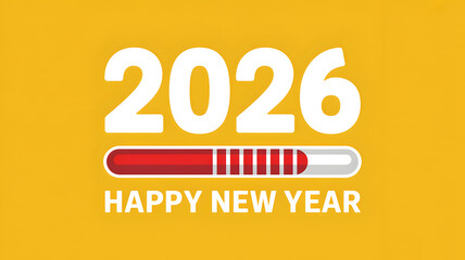 New Year 2026 Vibrant Greeting Card with Progress Bar, Gold Confetti on Bright Yellow Background