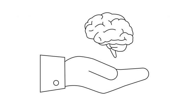 Outlined hand in suit cuff with floating brain simple sketch style