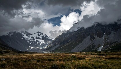 Dramatic mountain landscape with low clouds, grass, and rocky peaks under a partly cloudy sky