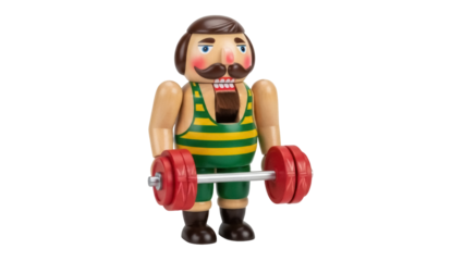 Isolated wooden nutcracker figure with striped top holding a barbell, decorative collectible