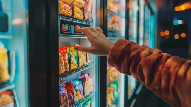 A vibrant vending machine stocked with various snack bags and pastries, blurred lights outside