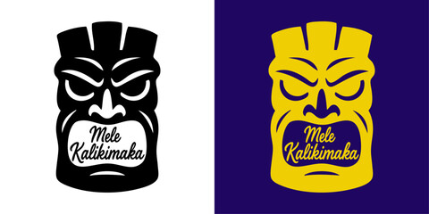 Navidad en Haw&aacute;i. Logo Feliz Navidad en hawaiano. Mensaje con texto Mele Kalikimaka con silueta de m&aacute;scara tiki