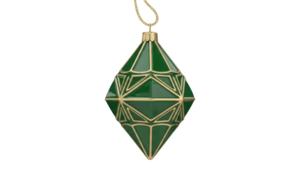 Isolated green diamond Christmas tree ornament with golden trim, a festive holiday decoration