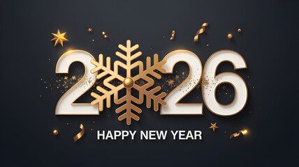 New Year 2026 Luxurious Greeting Card with Golden Snowflake, Metallic Typography on Dark Background