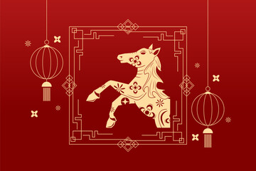 Happy Chinese new year 2026 , modern design set in red, gold and white colors , Year of the horse zodiac , Asia oriental traditional ornament, frame and border ,