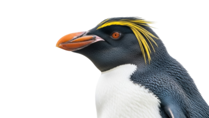 Isolated macaroni penguin head profile with orange bill and yellow crest feathers, bird