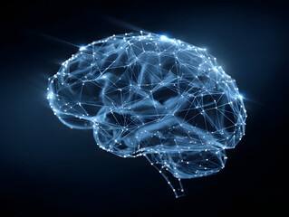 Blue brain with a network of connected nodes, symbolizing intelligence, technology, and neural connections.