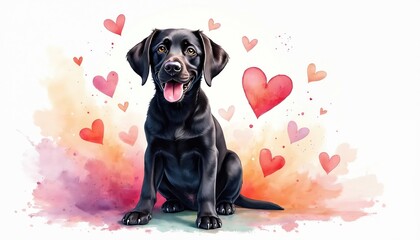 Happy black labrador dog sits surrounded by watercolor hearts. This cute pet artwork is perfect for pet lovers gift cards or valentines day design projects.