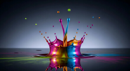 Abstract colorful multi-colored paint crown splash with droplets on dark reflective background