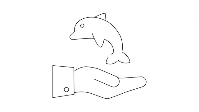 Line art shows a dolphin above an open hand wearing a suit cuff