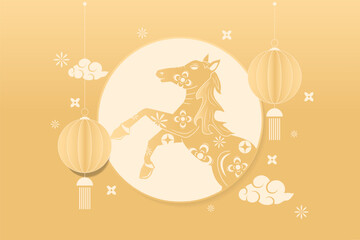 Happy Chinese new year 2026 , modern design set in red, gold and white colors , Year of the horse zodiac , Asia oriental traditional ornament, frame and border ,