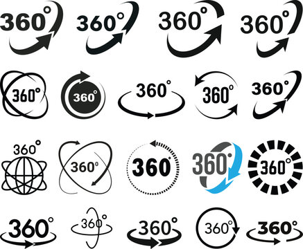 360 degrees vector icon set. Round signs with arrows rotation to 360 degrees. 360 degree complete angle or a full angle. 360 degrees logo, label, badge, symbol, banner, circle, black, line, isolated.