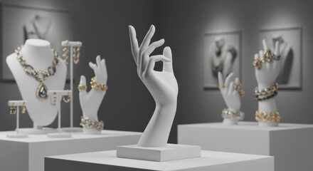 Elegant jewelry showcase with mannequin hands displaying rings and bracelets