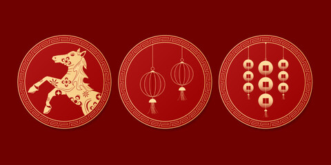 Happy Chinese new year 2026 , modern design set in red, gold and white colors , Year of the horse zodiac , Asia oriental traditional ornament, frame and border ,