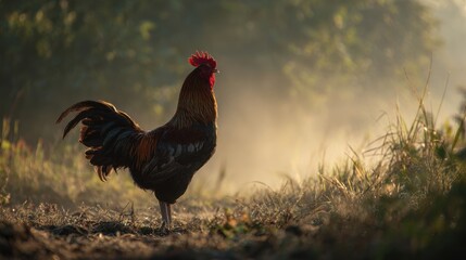 Proud rooster standing in rural field during golden morning light symbolizing farm life agriculture sunrise and natural countryside beauty on white background