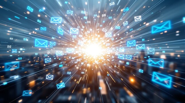 Emails flying through cyberspace with glowing light
