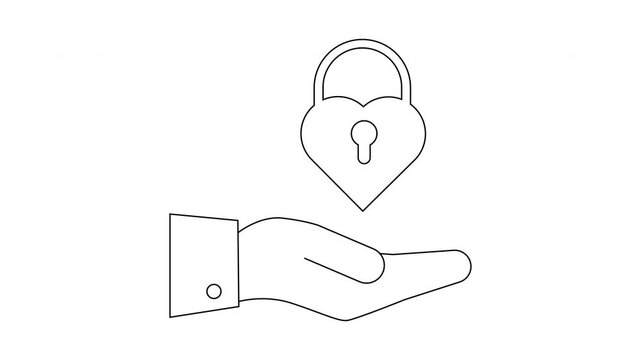 Hand with a cuff offering a heartshaped lock with keyhole in a white scene