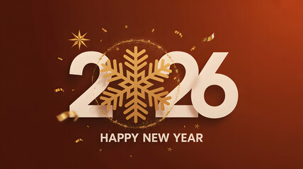 New Year 2026 Elegant Greeting Card with Golden Snowflake, Luxury Typography on Warm Brown Gradient Background