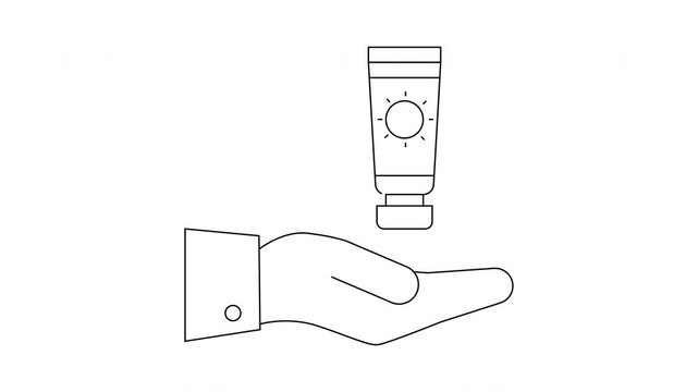 Hand presenting sunscreen tube with sun icon business attire sleeve visible