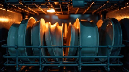Clean ceramic dishes arranged inside a metal rack illuminated by warm interior lighting within a home appliance