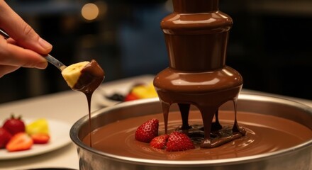 A banana slice dipped in chocolate from a cascading fountain