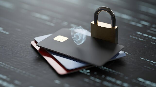 Credit card and padlock on code background symbolizing ecommerce fraud prevention and payment security.