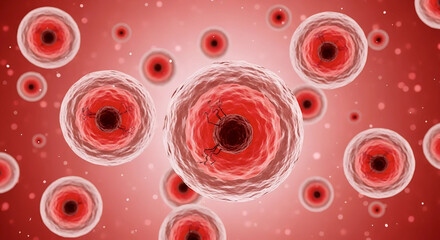 Microscopic 3D illustration of red human stem cells or embryonic cells with nucleus structure