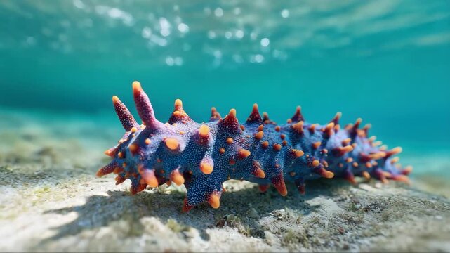 Detailed Underwater Shot of a Blue Sea Cucumber with Orange Spikes Lying on Sandy Seabed with Glistening Blue Water and Sunlight Background