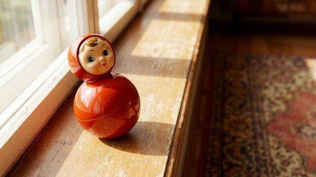 A finger pushes a vintage red roly-poly doll on a sunny windowsill.