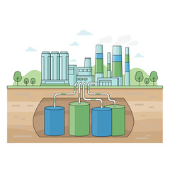 Carbon capture and storage process showing industrial plant pipes and underground tanks for CO2 reduction clean energy and climate technology illustration