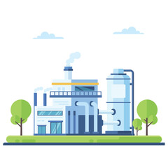Industrial power plant illustration showing modern factory, cooling towers, pipes, and green area, concept of energy production, infrastructure, and sustainable industry