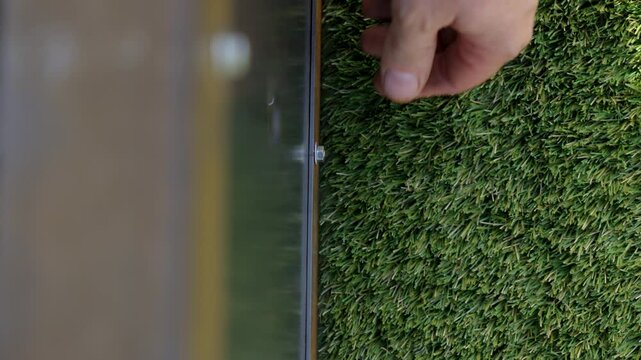 Close-up of a person's hand tightening or securing a small bolt on the dark, rectangular metal base frame of an outdoor grill or fire pit, set against a green artificial turf background.