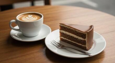 Coffee cup with latte art beside layered cake on a wooden table