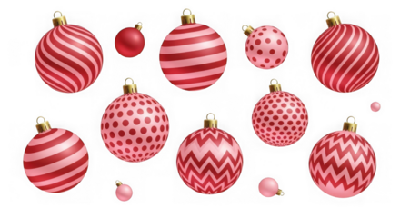 Red and pink christmas ornaments with patterns isolated on transparent background